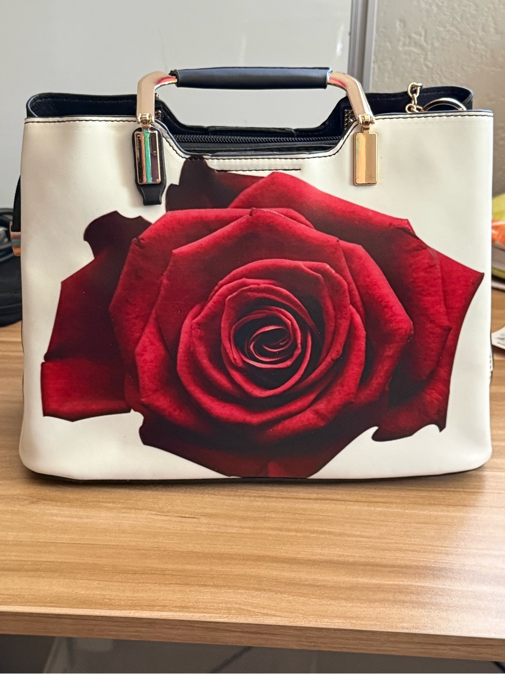 Red Rose Floral Satchel Handbag Crossbody Purse Black White Gold